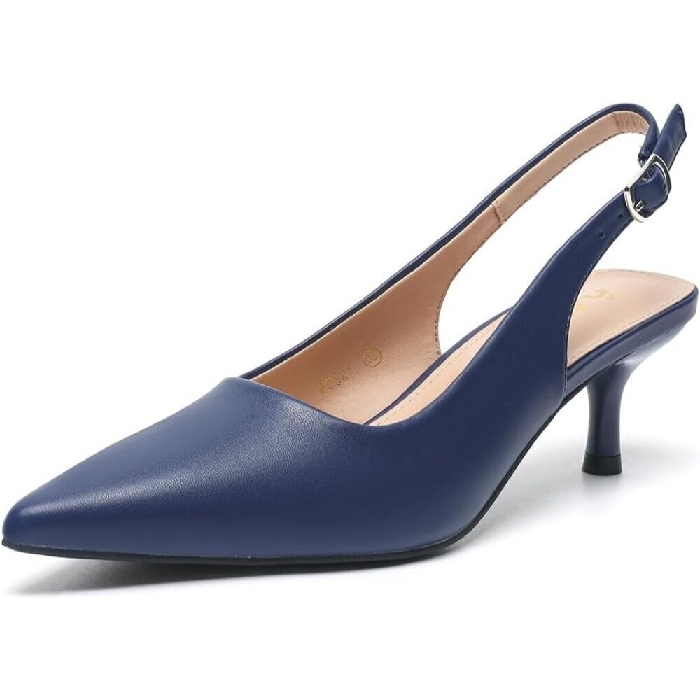 🆕Amoji Womens Navy  Pu Low Kitten Heels Slingback Pump Pointed Toe With Buckle